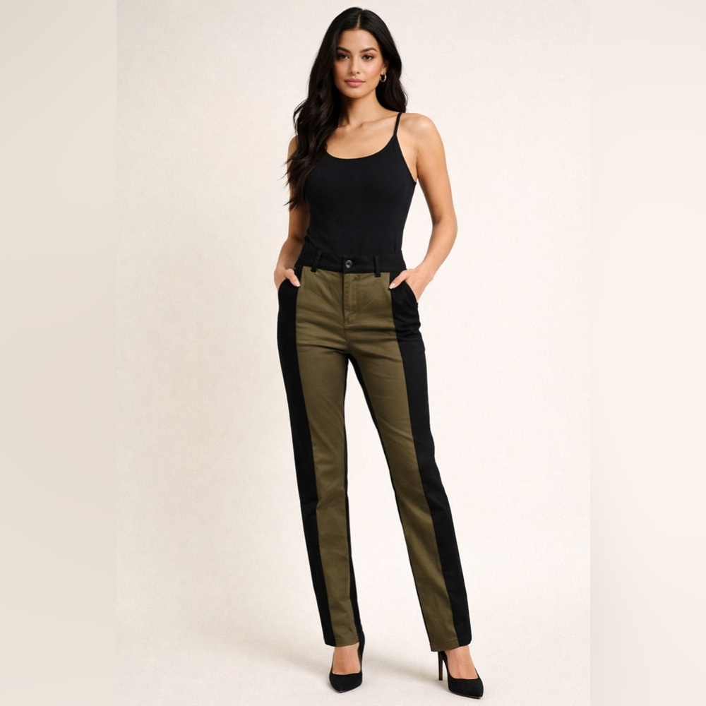 Forever 21 Dress Pants Olive Black Straight Leg Chic Work Office Career Stretch
